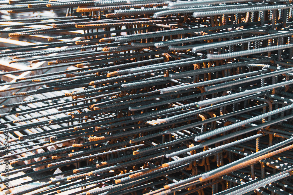reinforcement steel rod and deformed bar with rebar at the construction site. metal net steel