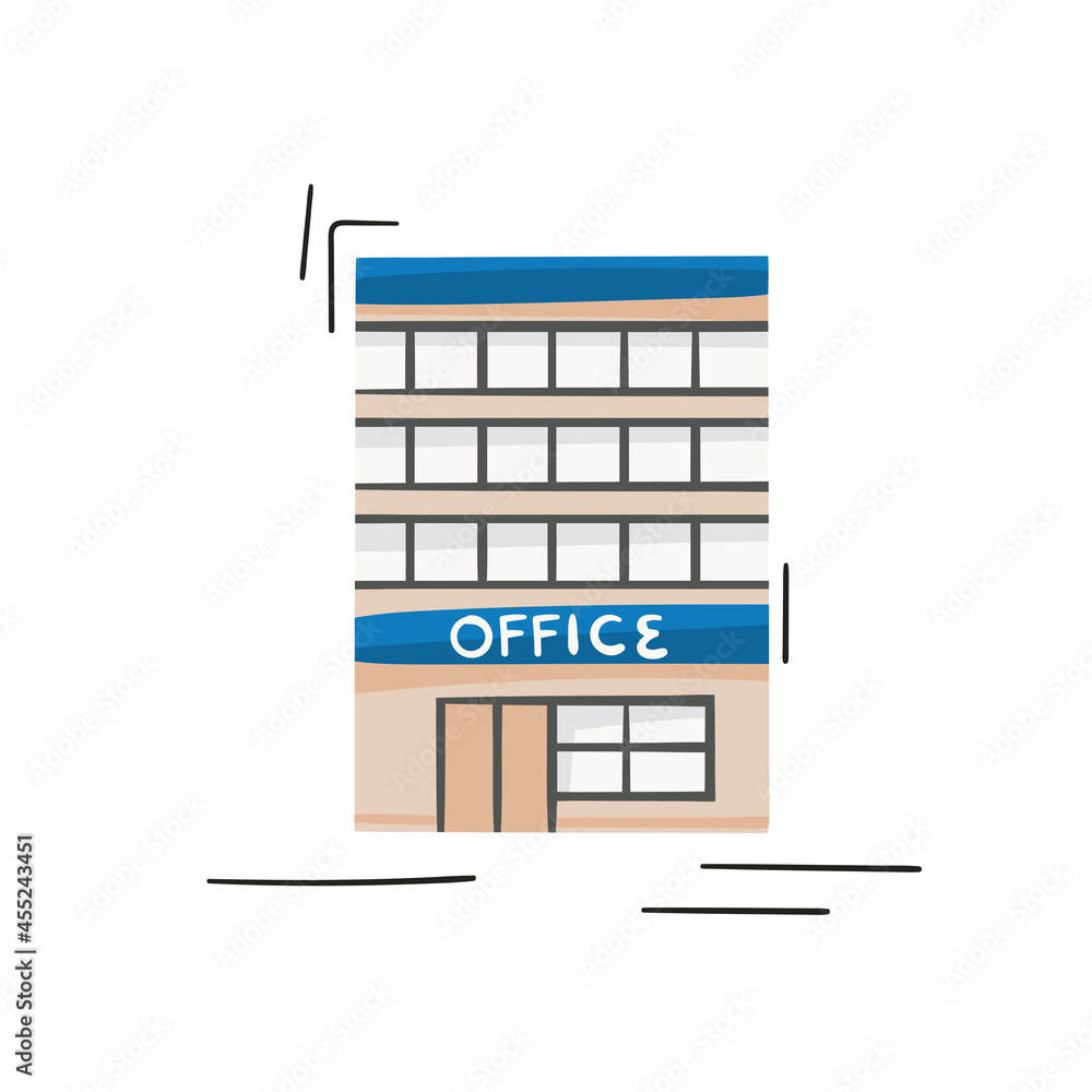 Cartoon office isolated on white background. Hand drawn department doodle illustration. Childish flat vector building, ideal for kid t shirt print, poster design Cartoon office isolated on white background. Hand drawn department doodle illustration. Childish flat vector building, ideal for kid t shirt print, poster design
