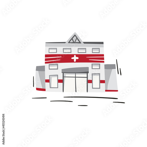 Cartoon red hospital isolated on white background. Hand drawn medicine doodle illustration. Childish flat vector, ideal for kid t shirt print, poster design