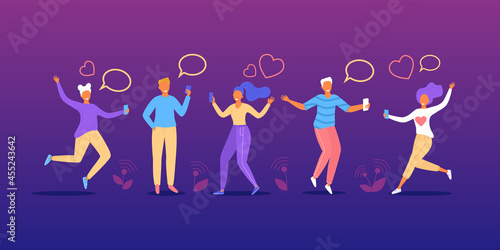 People talk in chat, communicate by message bubble, vector illustration. Happy man woman friends character talking together, texting and heart icon.