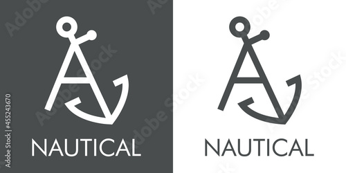 Logotipo con texto Nautical y silueta de ancla de barco con forma de letra inicial A con lineas en fondo gris y fondo blanco