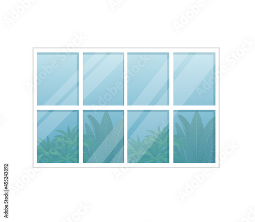 Window for a house, apartment with a view of plants and blue sky on an isolated background. Flat vector illustration