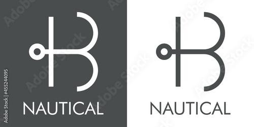 Logotipo con texto Nautical y silueta de ancla de barco con forma de letra inicial B con lineas en fondo gris y fondo blanco