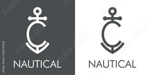 Logotipo con texto Nautical y silueta de ancla de barco con forma de letra inicial C con lineas en fondo gris y fondo blanco