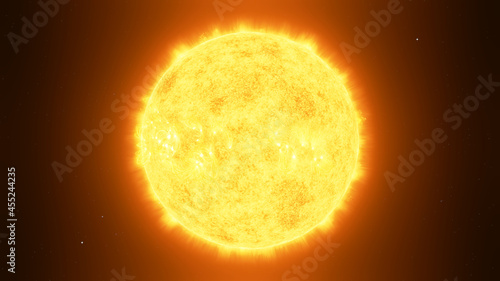 The Sun with solar flares on its surface, as seen from space. 3D Illustration.