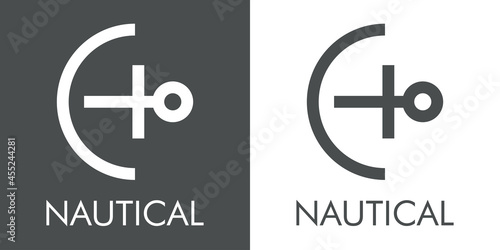 Logotipo con texto Nautical y silueta de ancla de barco con forma de letra inicial C con lineas en fondo gris y fondo blanco