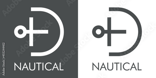 Logotipo con texto Nautical y silueta de ancla de barco con forma de letra inicial D con lineas en fondo gris y fondo blanco