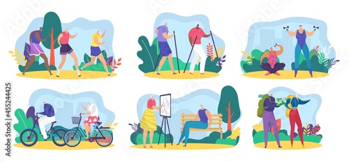 Elderly senior character activity, vector illustration, old man woman active lifestyle set, grandmother grandfather outdoor together. © creativeteam