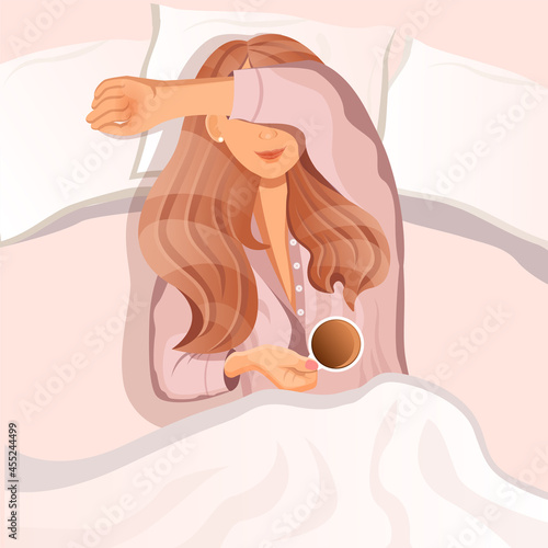 Young red haired girl in the morning lies in bed with a cup of coffee. Good morning. Vector illustration of a sleeping woman in pajamas for advertising, postcard, poster. Good dream. Cartoon style.