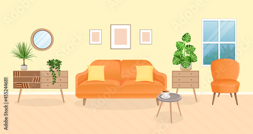 Modern living room interior with furniture and house plants. Design of a cozy room with a sofa and home decor items. Restroom. Vector flat style illustration.