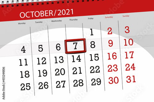 Calendar planner for the month october 2021, deadline day, 7, thursday