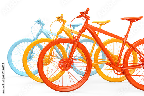 Group of colorful bicycles. 3D rendering