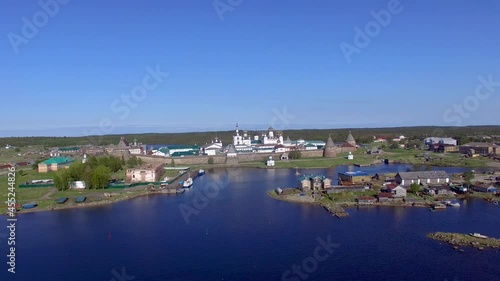 Solovki kremlin Russia aerial drone panoram, old russian tower on island 4K