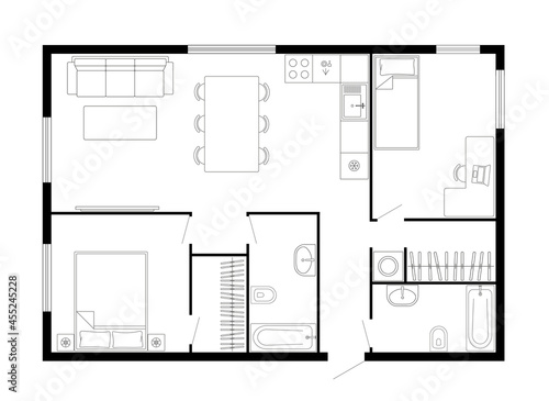 Apartment floor plan. Two bedroom apartment. Vector architecture plan of condominium, flat, house. Interior design elements kitchen, bedroom, bathroom furniture. 2D 2 bedroom apartment floor plan.