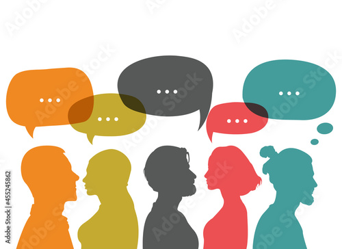 Silhouette group of multiethnic women and man who talk and share ideas and information. Communication and friendship women or girls of diverse cultures. Women social network community. Speak	