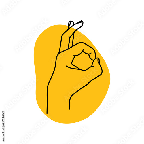 Linear hand illustration showing OK sign. Yoga mudra - Gyan. Stock vector illustration.