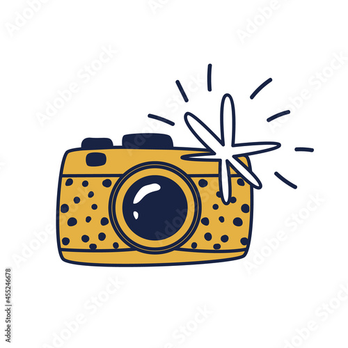 Yellow doodle camera. Hand-drawn cartoon camera with flash. Vector stock illustration of an apparatus for shooting isolated on a white background. photo