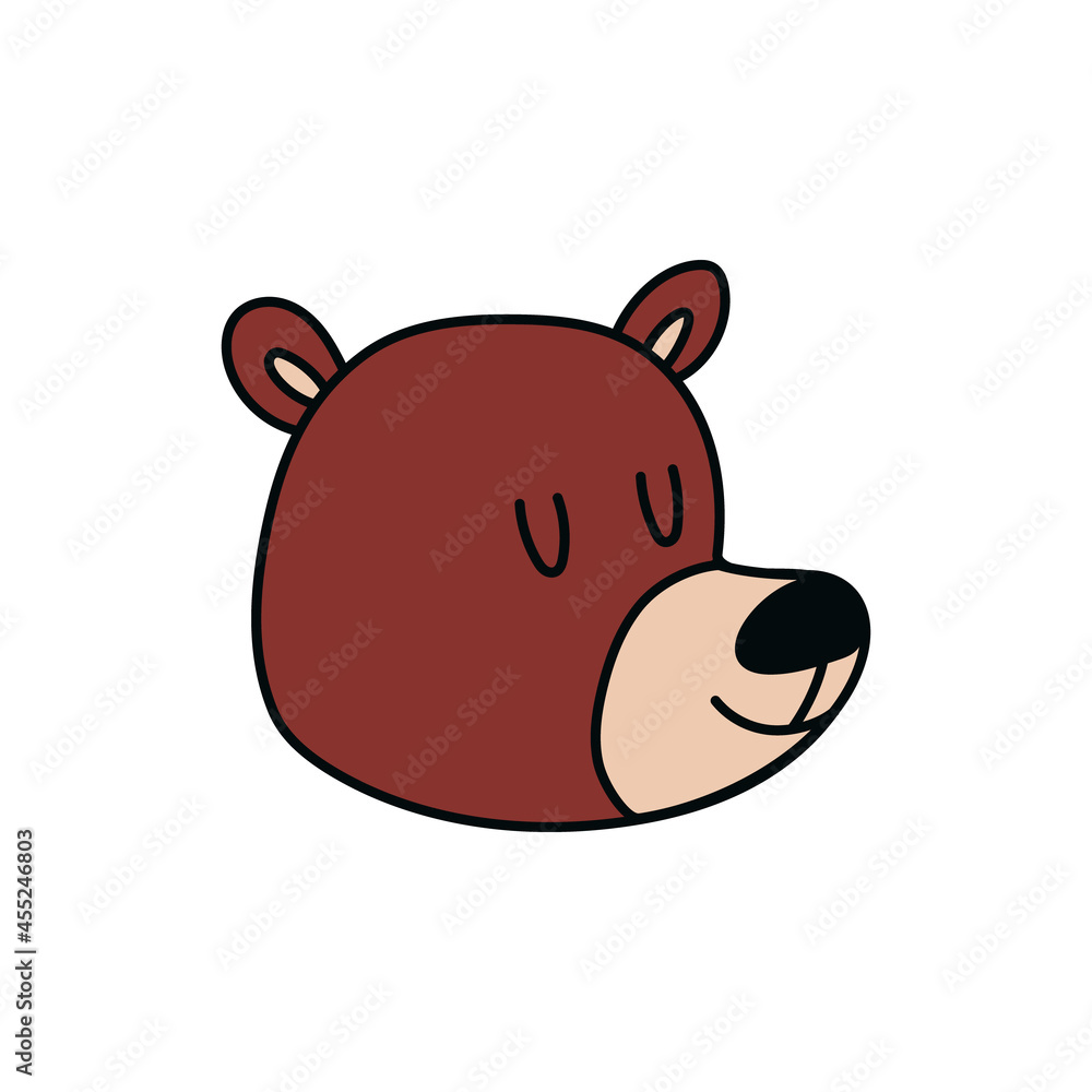 Naklejka premium Cartoon head of a brown bear. The face of a kind smiling bear. Vector stock illustration of cute animal isolated on white background.