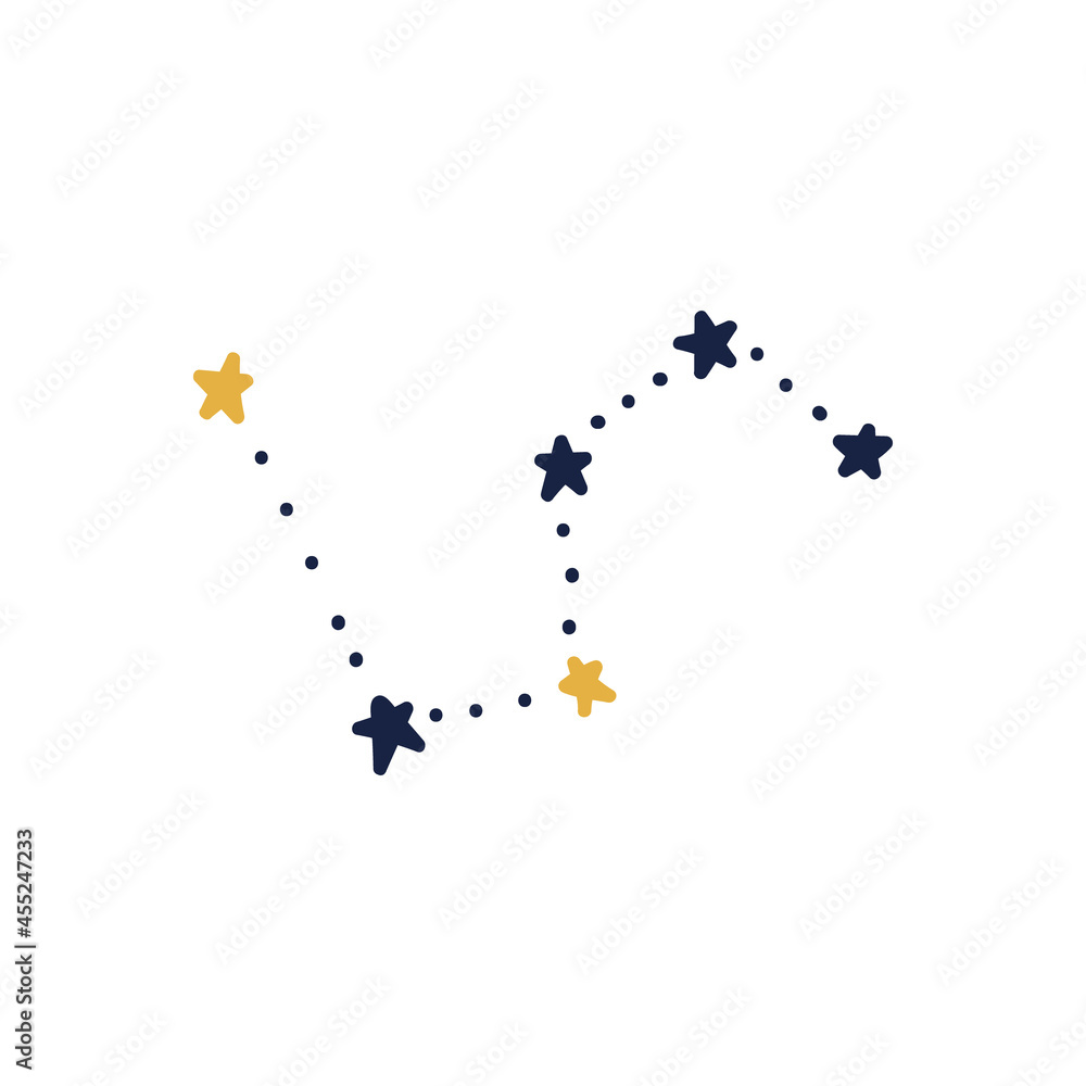 Hand-drawn constellation. Blue doodle constellation with yellow stars. Vector stock illustration of celestial stars isolated on white background.