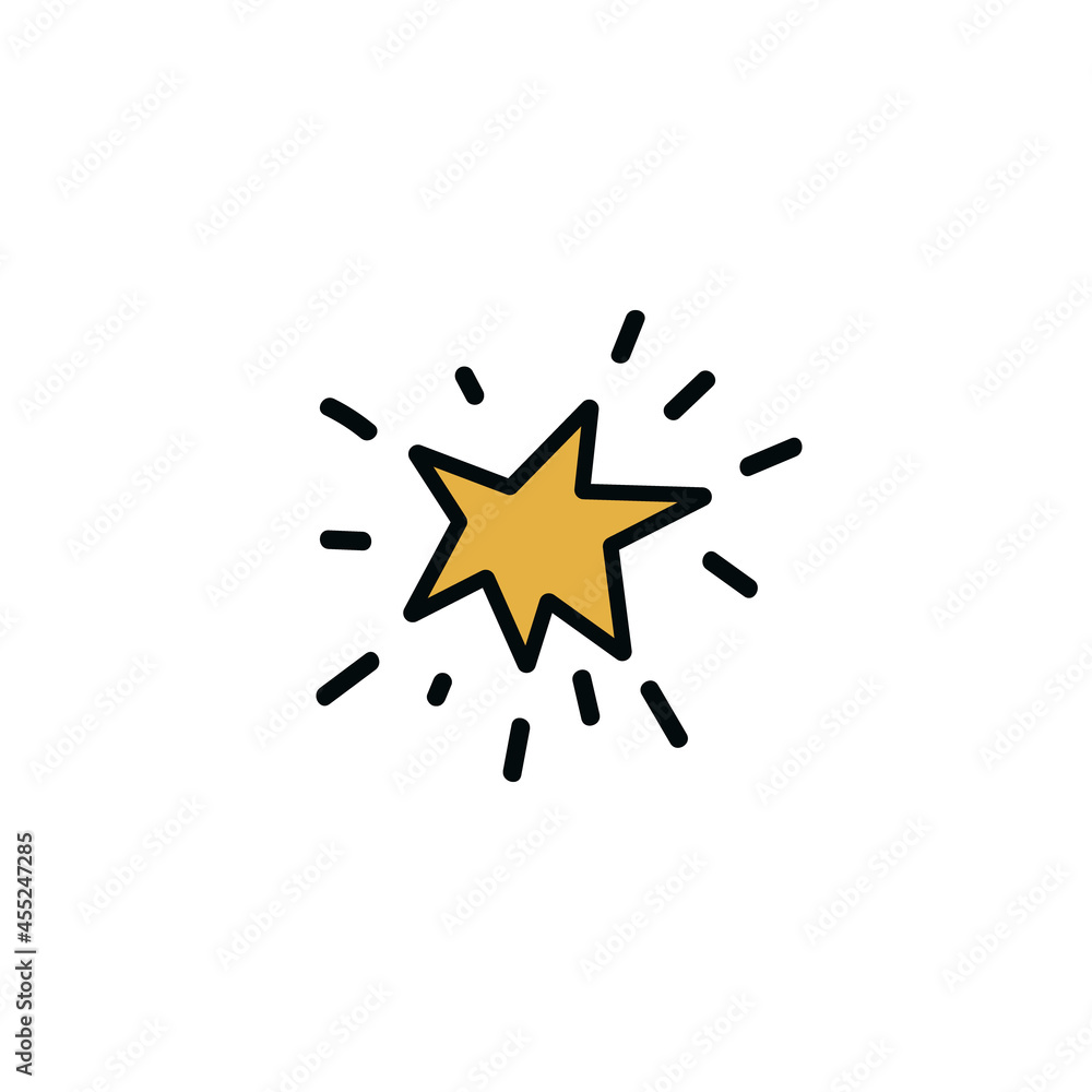 Cartoon shining star. Hand drawn yellow star with rays. Vector stock illustration of celestial element isolated on white background. Cartoon shining star. Hand drawn yellow star with rays. Vector stock illustration of celestial element isolated on white background.
