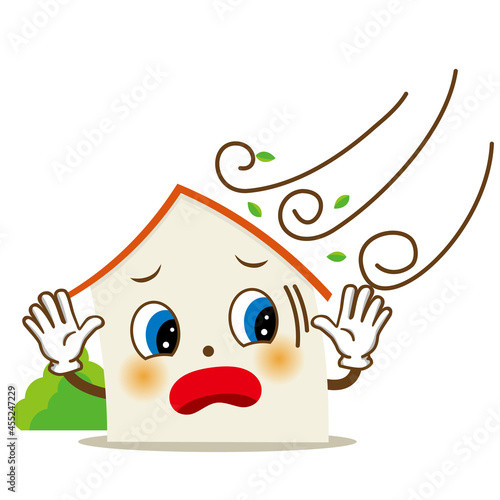 擬人化した家のキャラクターのイラスト：台風と大風　住宅　自然災害　損害保険向け