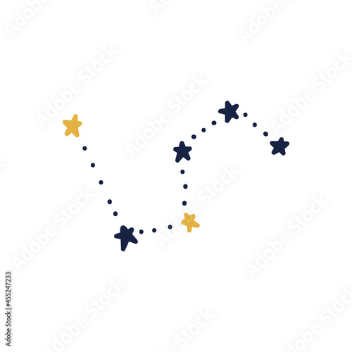 Hand-drawn constellation. Blue doodle constellation with yellow stars. Vector stock illustration of celestial stars isolated on white background.