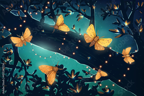 Vector illustration with magical glowing night butterflies in the forest. Festive decorations, holiday lights. © maryvoo