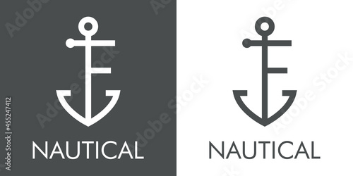 Logotipo con texto Nautical y silueta de ancla de barco con forma de letra inicial F con lineas en fondo gris y fondo blanco