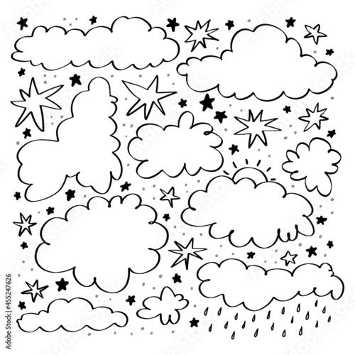 Doodle clouds and stars. Vector set of hand drawn doodle clouds of different shapes and sizes. Collection of various bubbles and stars isolated on white background.