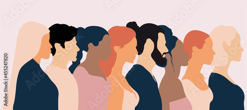Silhouette group of multiethnic women and man who talk and share ideas and information. Communication and friendship women or girls of diverse cultures. Women social network community. Speak	