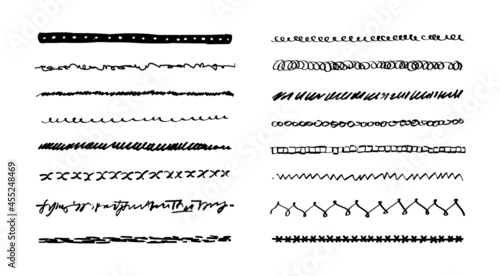 A set of underlines. Hand-drawn lines of different shapes. Vector stock illustration of borders, frames, highlights isolated on white background.