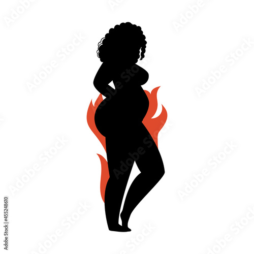 Pregnant female silhouette on a white background. The girl in the prenatal period is posing. Vector stock illustration of a curly woman in profile isolated.