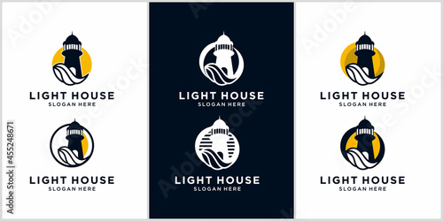 Templat desain logo mercusuar dengan elemen air laut, garis mercusuar logo monoline,