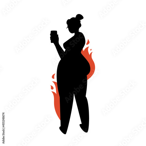 Female silhouette with a phone in hand on a white background. Plump plus size girl posing. Vector stock illustration of woman take selfie isolated.