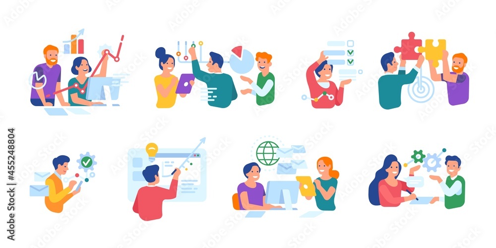 People business activities. Men and women characters interact with business symbols, graphs, charts, successful office teamwork. Vector set
