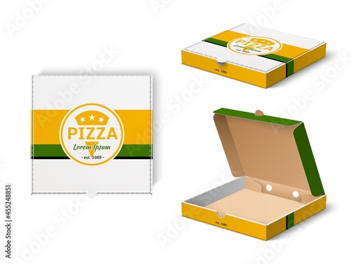 Pizza box design. Realistic fast food mockup, cardboard branded packaging with pizzeria logo, restaurant delivery box template. Vector set