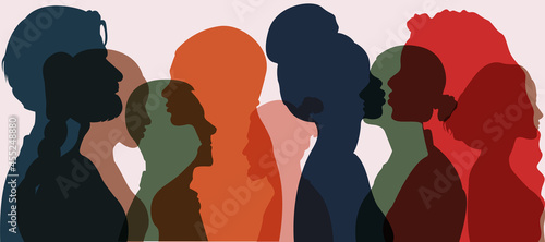 Silhouette group of multiethnic women and man who talk and share ideas and information. Communication and friendship women or girls of diverse cultures. Women social network community. Speak	