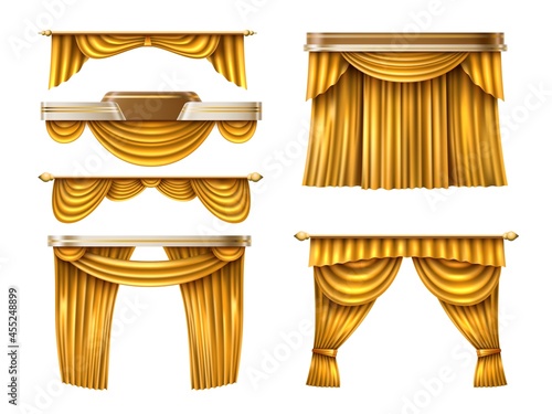 Gold curtains. Realistic golden fabric veils, different configurations, theater, cinema show stage drapes, luxury interior decor. Vector set