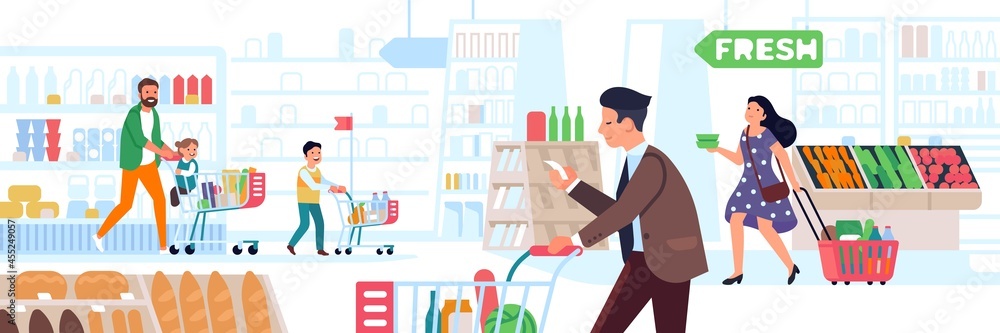 Supermarket people. Big store shopping, many characters with carts and baskets, men, women and kids in right products search, vector concept Supermarket people. Big store shopping, many characters with carts and baskets, men, women and kids in right products search, vector concept