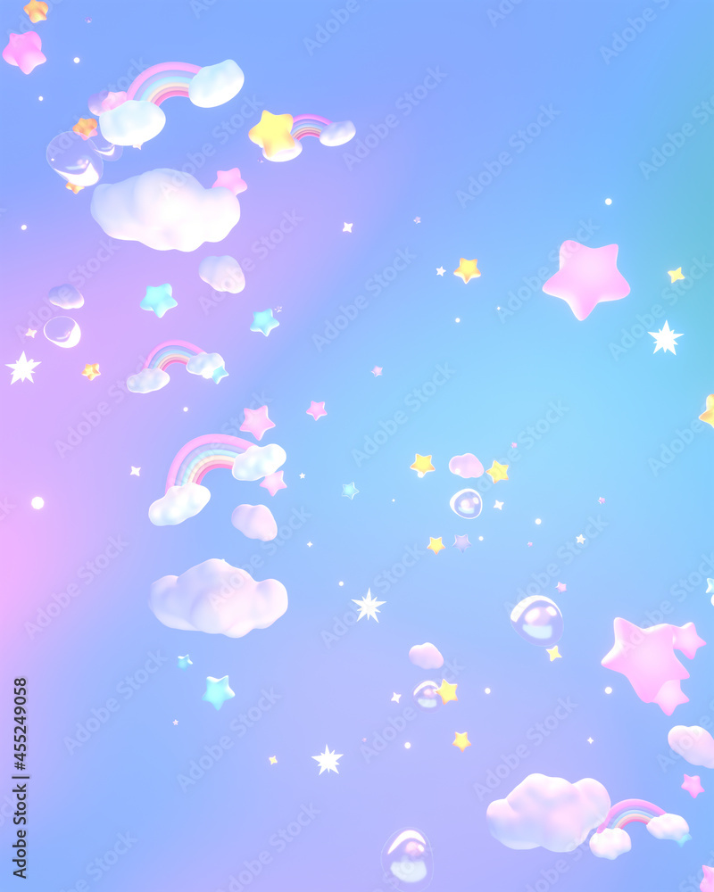 3d rendered cartoon dreamy rainbow clouds and stars in the sky.