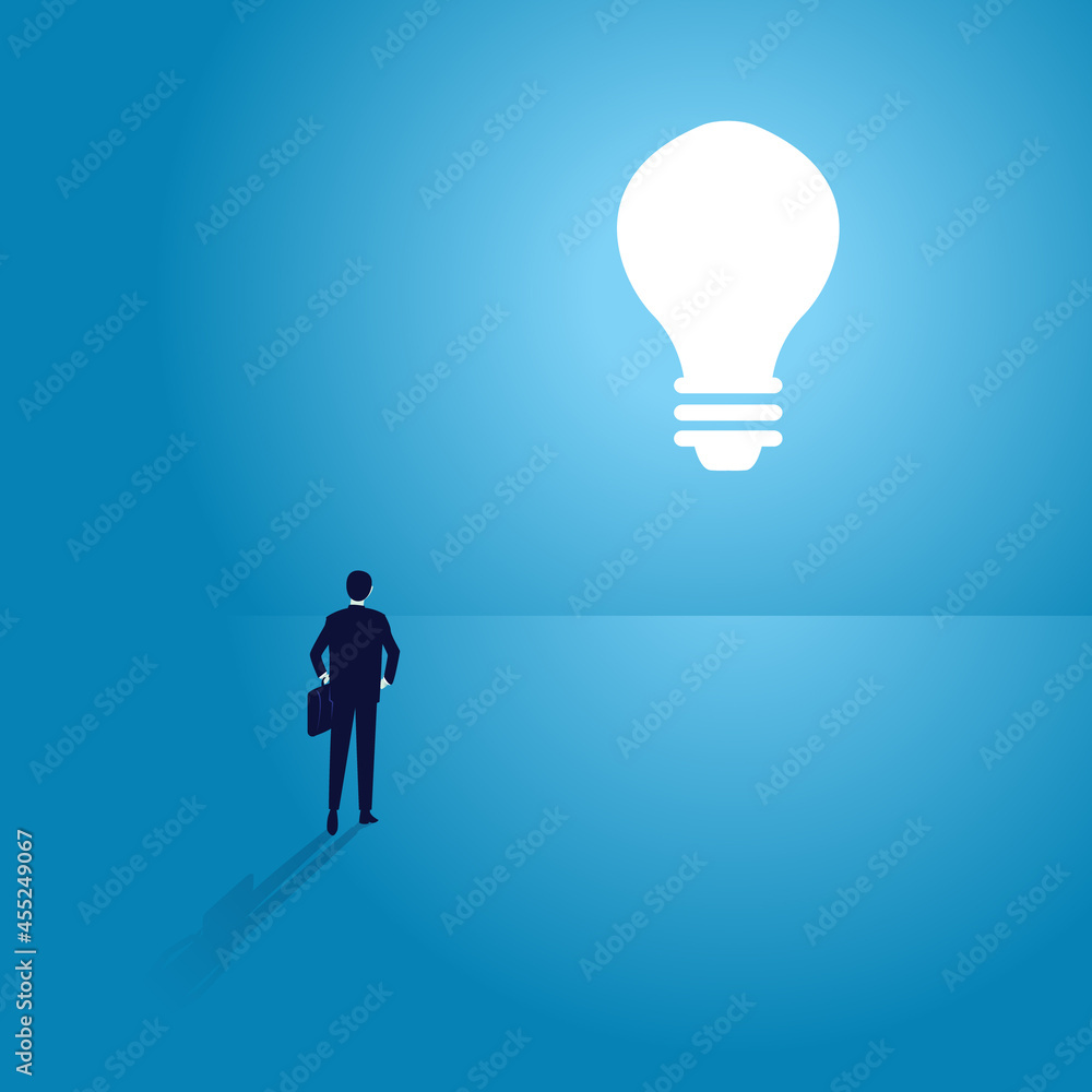 Obraz premium Great idea takes you to the future. Vector illustration of a businessman facing bright lamp bulb as door in the wall