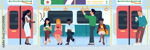 People in subway. Men and women characters sit in row, use mobile phones, underground big city transport, traveling persons, vector concept