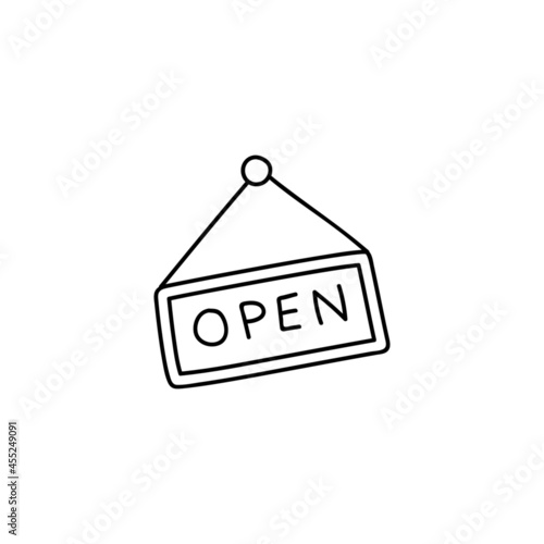 open shop sign icon in flat black line style, isolated on white background 