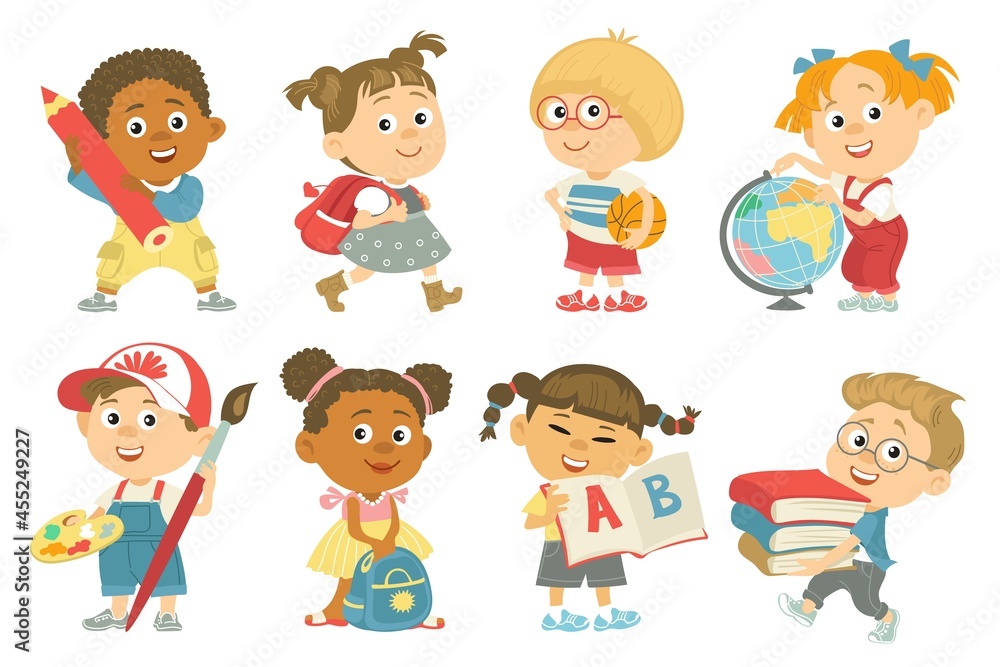 School kids. Back to school, happy children hold different student supplies, boys and girls with backpacks, books, globe, pencil, vector set School kids. Back to school, happy children hold different student supplies, boys and girls with backpacks, books, globe, pencil, vector set