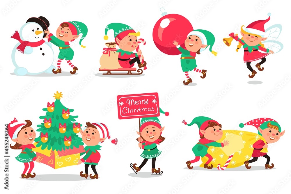 Christmas elves. Cartoon funny magical creatures, little helpers of santa Claus, christmas gnomes, kids with gifts and toys, vector set