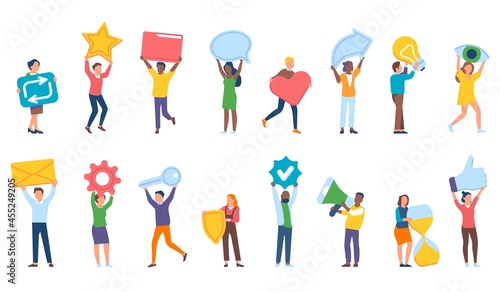 Tiny people hold items. Cartoon persons with social media icons, web signs, feedback star, heart, idea light bulb, men and women, vector set