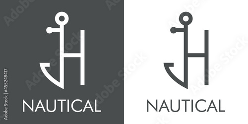 Logotipo con texto Nautical y silueta de ancla de barco con forma de letra inicial H con lineas en fondo gris y fondo blanco