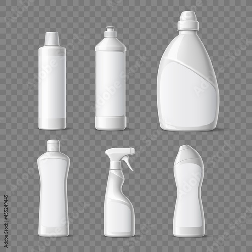 Cleaning products packaging. Realistic household liquid chemicals, white plastic containers, blank housekeeping detergent mockup, vector set
