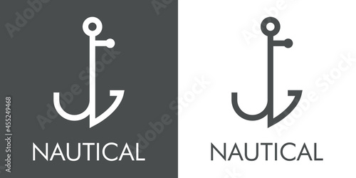 Logotipo con texto Nautical y silueta de ancla de barco con forma de letra inicial J con lineas en fondo gris y fondo blanco