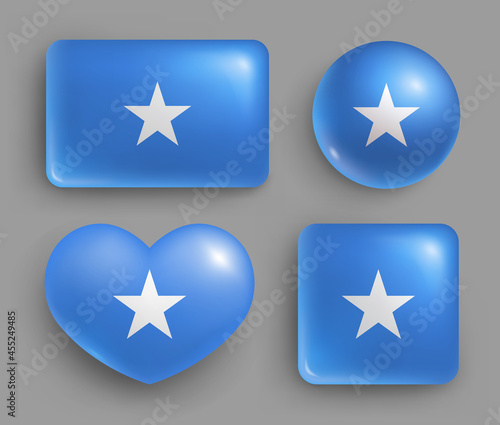 Set of glossy buttons with Somalia country flag. Eastern African republic national flag  shiny geometric shape badges. Somalia symbols in patriotic colors realistic vector illustration